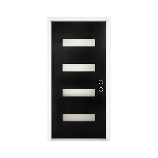 36" x 80" Inch Nuvia Contemporary Frosted Glass Fiberglass Left Inswing Front Door with 6-9/16 White Vinyl Frame