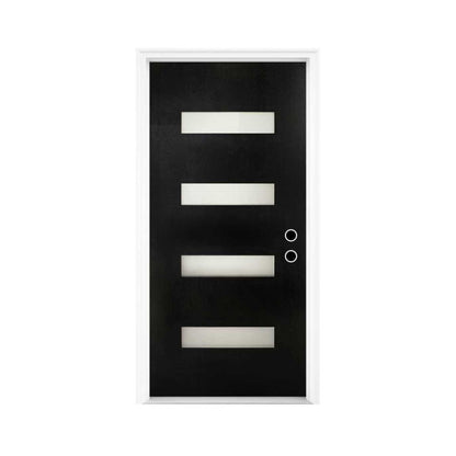 36" x 80" Inch Nuvia Modern Black Left Inswing Fiberglass Entry Door with 4-9/16 White Vinyl Frame