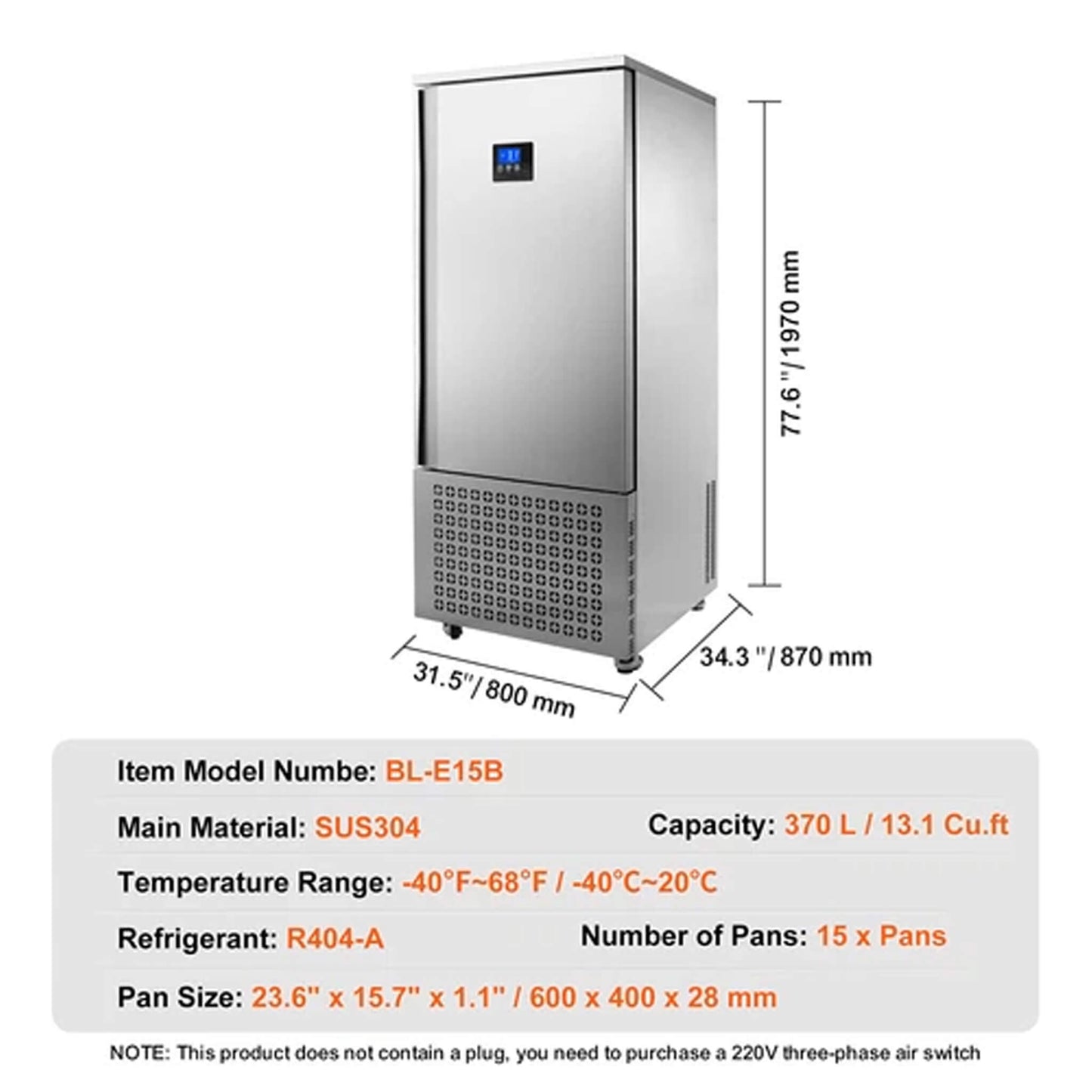 370L Commercial Freestanding Blast Freezer With 15 Trays For Chilling Seafood & Gelato