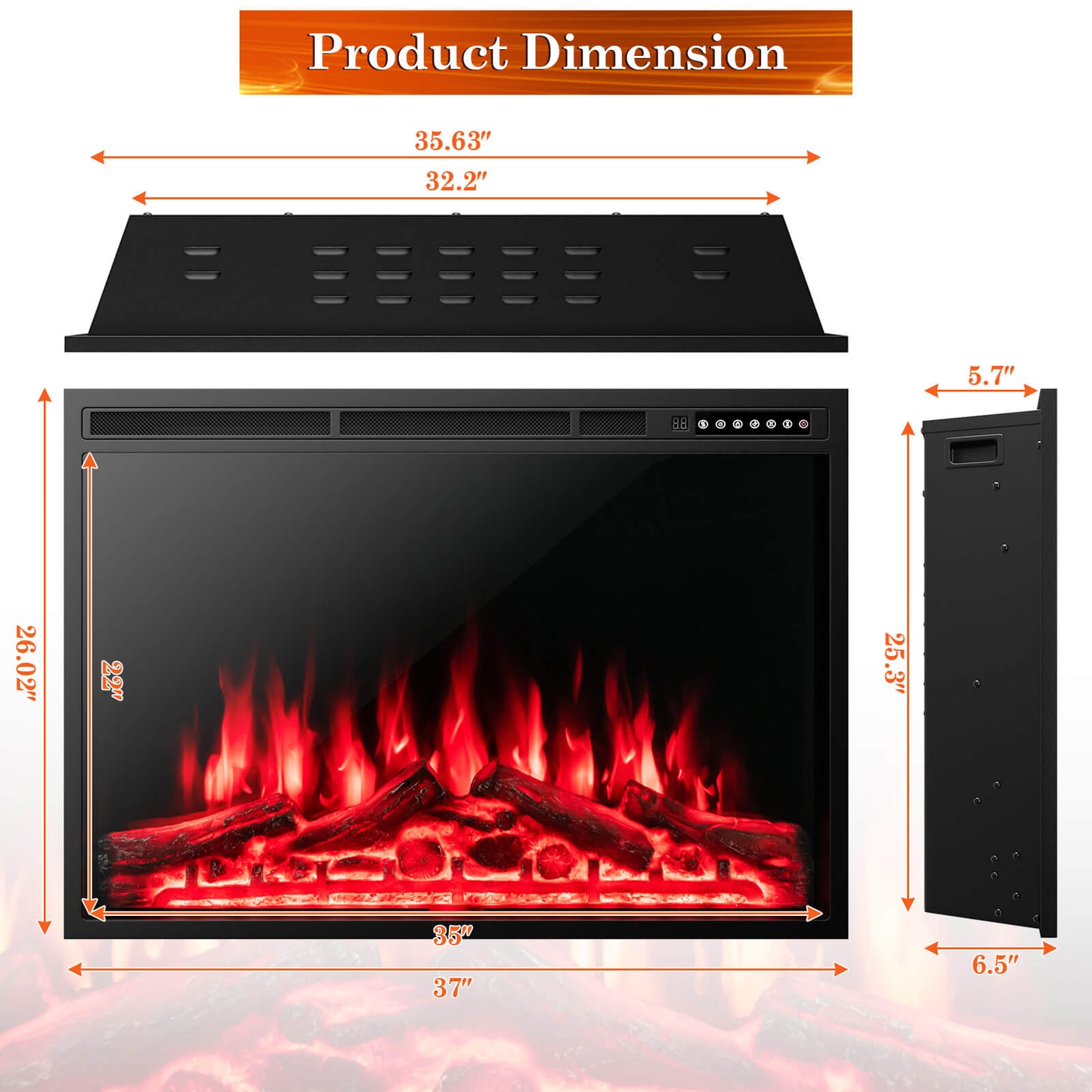 34"-37" Inch Electric Fireplace Recessed with Adjustable Flames