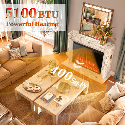 34"-37" Inch Electric Fireplace Recessed with Adjustable Flames