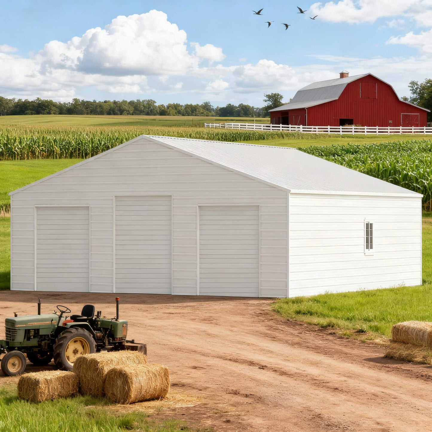 39' x 39' FT Extra-Large Heavy-Duty Galvanized Steel Barn Building Shed with 3 Rolling Garage Doors