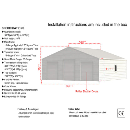39' x 39' FT Extra-Large Heavy-Duty Galvanized Steel Barn Building Shed with 3 Rolling Garage Doors
