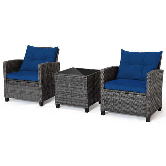 3 Pieces Outdoor Wicker Conversation Set with Tempered Glass Tabletop - Navy