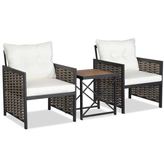 3 Pieces Patio Rattan Furniture Set with Acacia Wood Tabletop - White