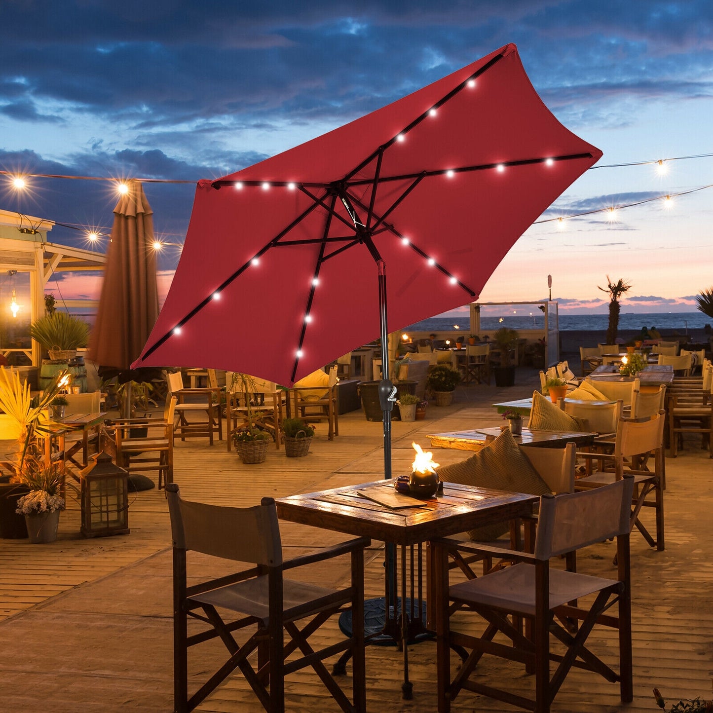 9 Feet Solar LED Lighted Patio Market Umbrella Tilt Adjustment Crank Lift-Beige