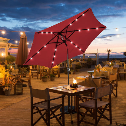 9 Feet Solar LED Lighted Patio Market Umbrella Tilt Adjustment Crank Lift-Beige
