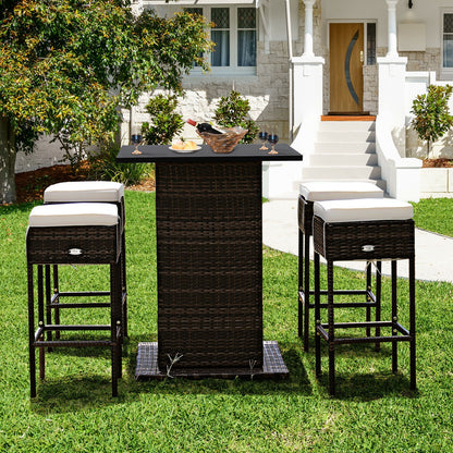 5 Pieces Patio Rattan Bar Table Stool Set Hidden Storage Shelf Cushioned