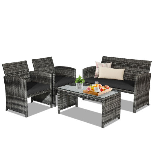 4 Pieces Patio Rattan Furniture Set with Glass Table and Loveseat - Black