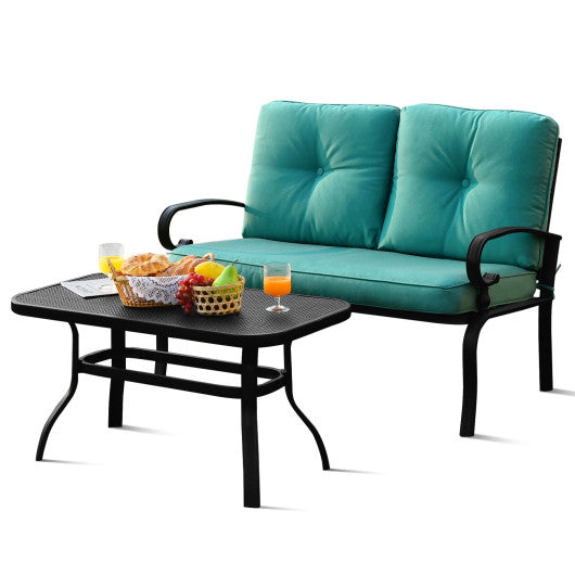 2PCS Patio Loveseat Bench Table Furniture Set with Cushioned Chair - Turquoise