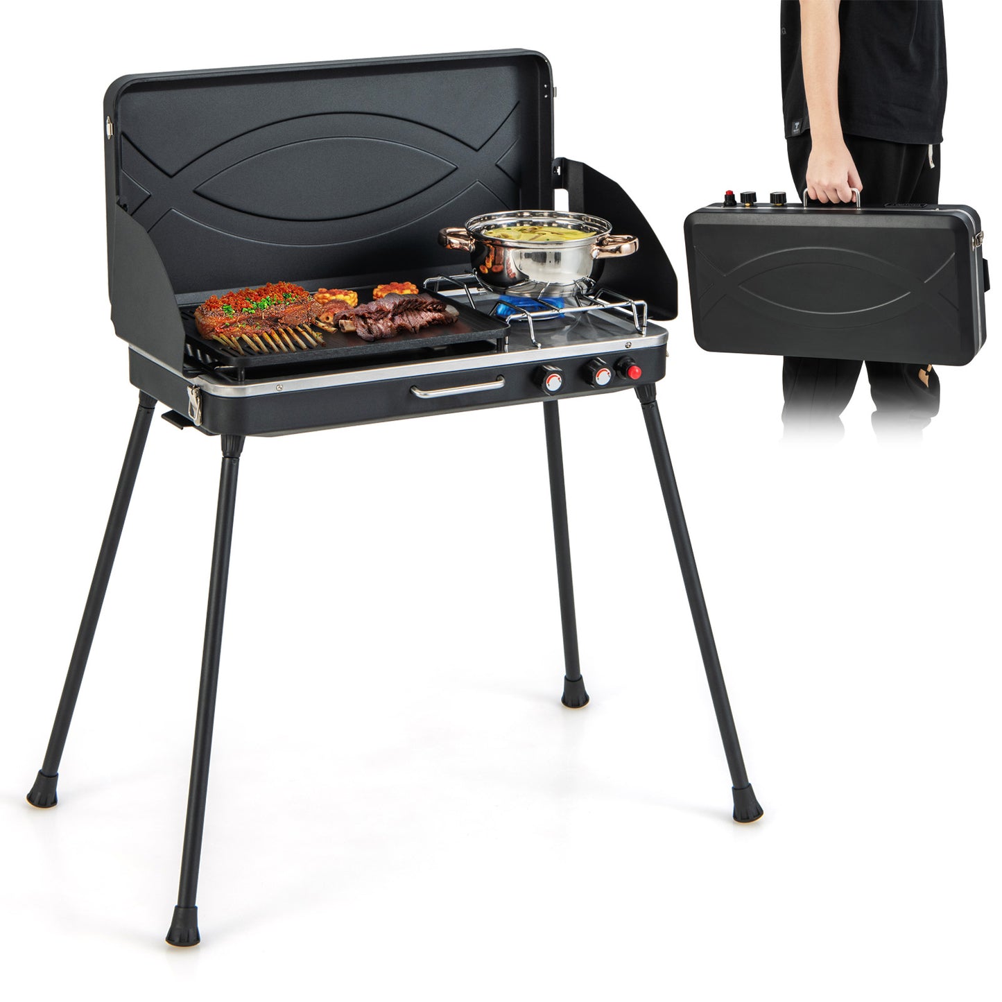 2-in-1 Gas Camping Grill and Stove with 4 Detachable Legs