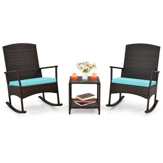 3 Piece Patio Rocking Set Wicker Rocking Chairs with 2-Tier Coffee Table - Turquoise