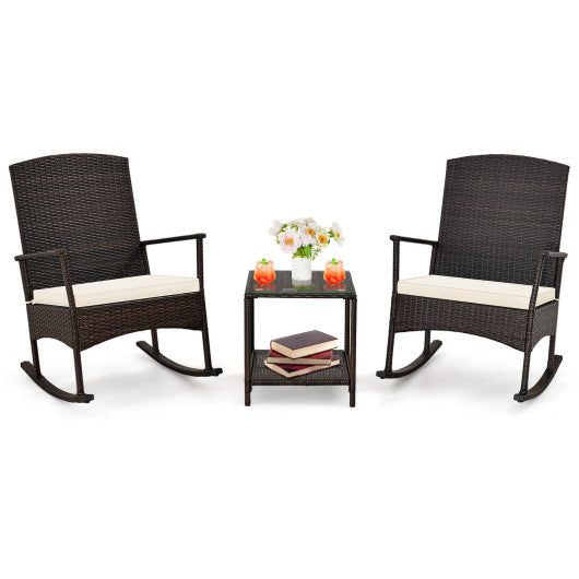 3 Piece Patio Rocking Set Wicker Rocking Chairs with 2-Tier Coffee Table - Off White