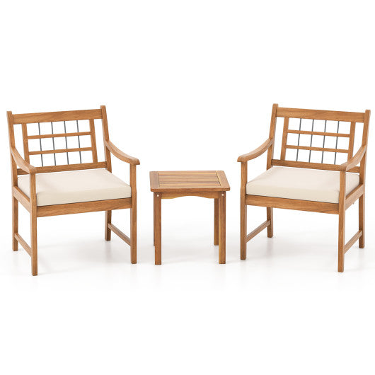 3 Piece Wood Patio Furniture Set with Seat Cushions and Acacia Wood Frame - White