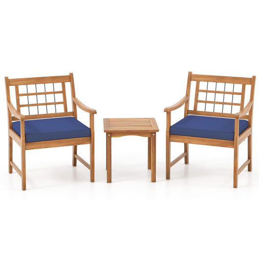 3 Piece Wood Patio Furniture Set with Seat Cushions and Acacia Wood Frame - Navy