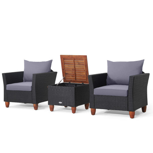 3 Pieces Outdoor Patio Wicker Furniture Set with Cushions and Acacia Wood Coffee Table - Gray