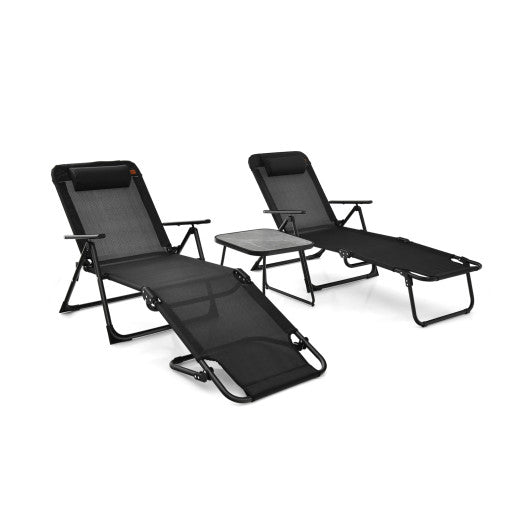 3 Pieces Patio Folding Chaise Lounge Set with PVC Tabletop - Black