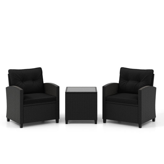3 Pieces Patio Furniture Set with Tempered Glass Coffee Table - Black