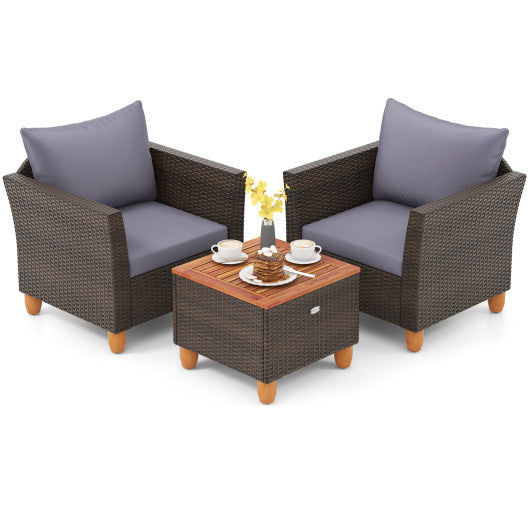 3 Pieces Patio Rattan Bistro Furniture Set with Wooden Table Top - Gray