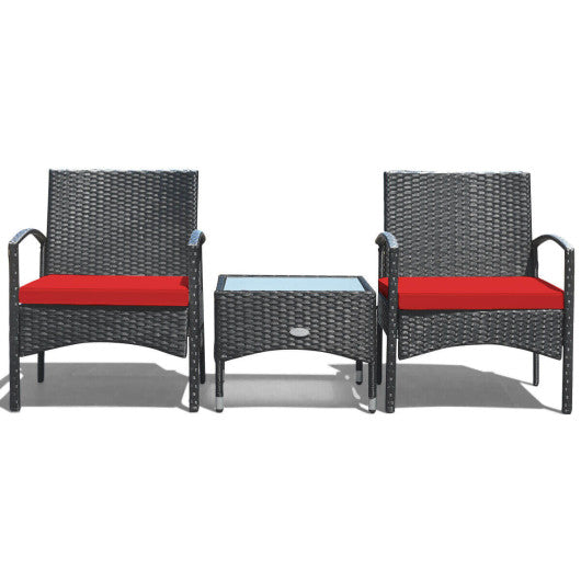 3 Pieces Patio Wicker Rattan Furniture Set with Cushion for Lawn Backyard - Red