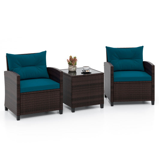 3 Pieces Rattan Patio Furniture Set with Washable Cushion - Peacock Blue