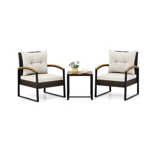 3 Piece Patio Conversation Set with Solid Acacia Wood  Armrests and Tabletop - White