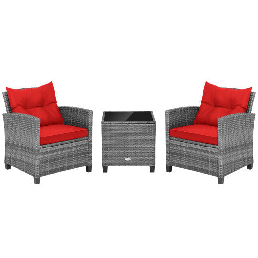 3 Pieces Outdoor Wicker Conversation Set with Tempered Glass Tabletop - Red