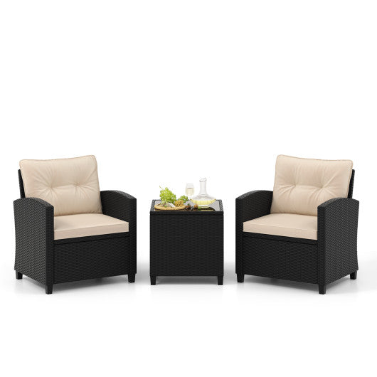 3 Pieces Patio Furniture Set with Tempered Glass Coffee Table - Off White