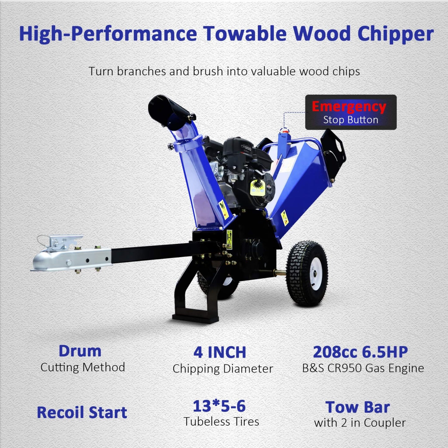 Heavy-Duty 4-Inch 208CC Gas Drum Wood Chipper Shredder with Tow Hitch