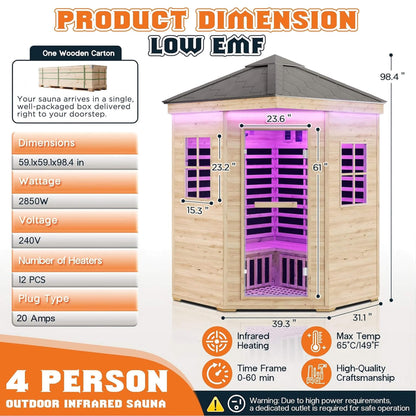 Thermora Monaco 4-Person Low EMF Spruce Wood Outdoor Infrared Sauna with Bluetooth Speakers and LED Lights