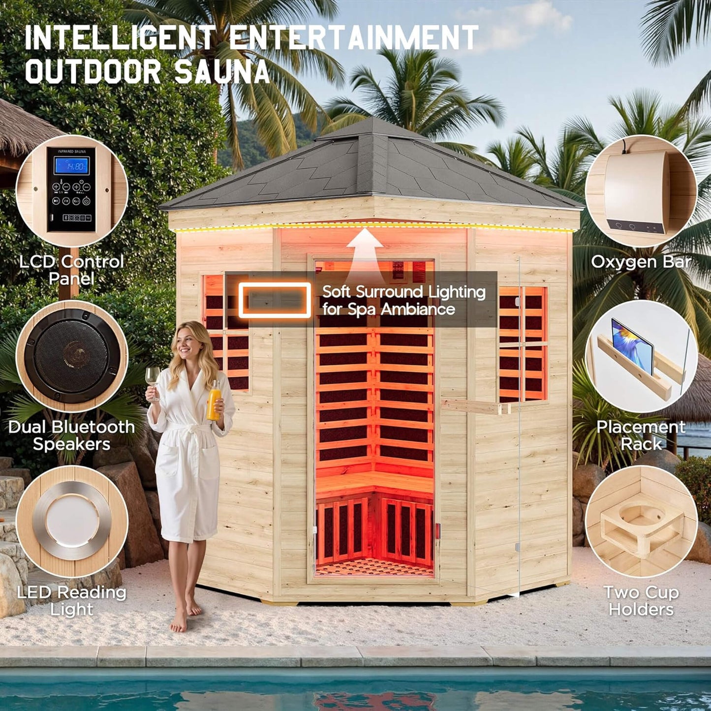 Thermora Monaco 4-Person Low EMF Spruce Wood Outdoor Infrared Sauna with Bluetooth Speakers and LED Lights