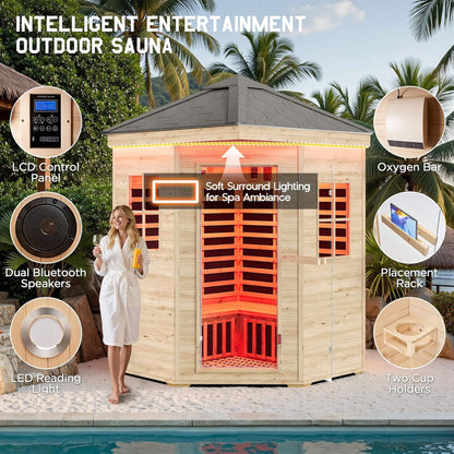 Thermora Monaco 4-Person Low EMF Spruce Wood Outdoor Infrared Sauna with Bluetooth Speakers and LED Lights