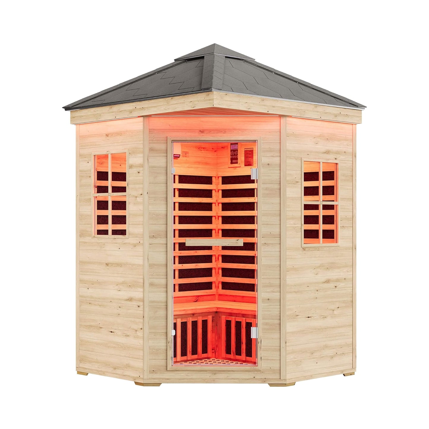 Thermora Monaco 4-Person Low EMF Spruce Wood Outdoor Infrared Sauna with Bluetooth Speakers and LED Lights