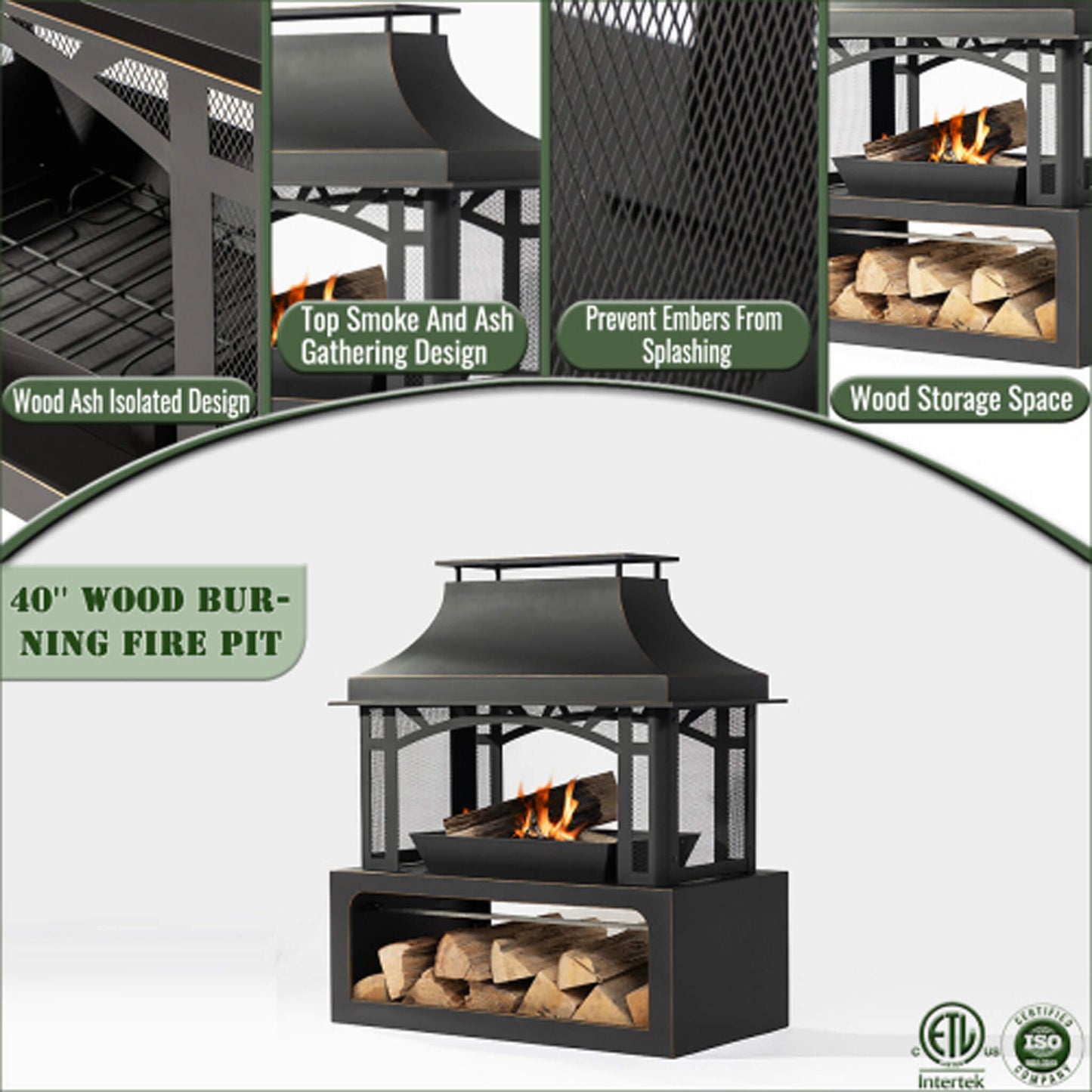 Alora 40-Inch Outdoor Steel Wood-Burning Backyard Fireplace Fire Pit