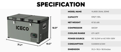 ICECO Dual Zone Metal Freezer with Cover 60LT