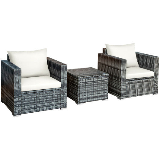 3 Pcs Patio Rattan Furniture Bistro Sofa Set with Cushioned - White
