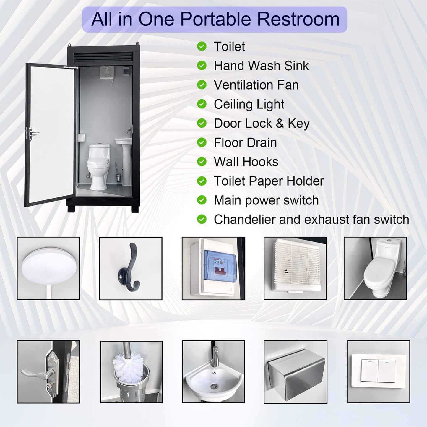 42-Inch One-Person Portable Outdoor Toilet Cabin With Light, Sink, and Vent Fan