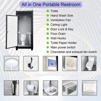 42-Inch One-Person Portable Outdoor Toilet Cabin With Light, Sink, and Vent Fan