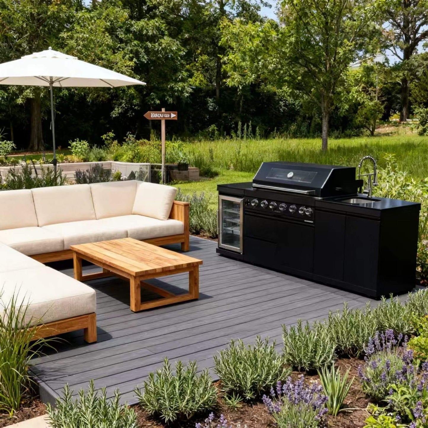 Castelle Flame 43-Inch 6-Burner 85K BTU Stainless Steel Outdoor BBQ Kitchen Island Grill with Wine Cooler, Rotisserie, and Sink