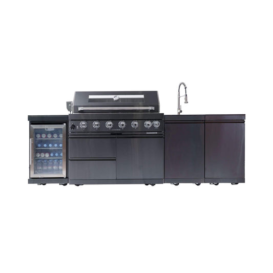 Castelle Flame 43-Inch 6-Burner 85K BTU Stainless Steel Outdoor BBQ Kitchen Island Grill with Wine Cooler, Rotisserie, and Sink