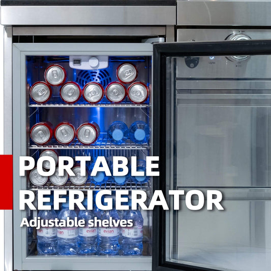 Castelle Flame 44-Inch 6-Burner 85K BTU Stainless Steel Outdoor BBQ Kitchen Island Grill with Wine Cooler, Rotisserie Kit, and Storage Cabinets