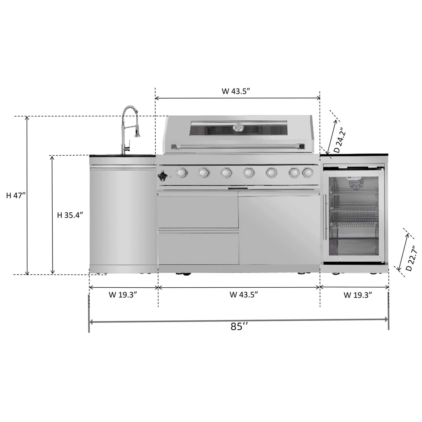 Castelle Flame 44-Inch 6-Burner 85K BTU Stainless Steel Outdoor BBQ Kitchen Island Grill with Wine Cooler, Rotisserie Kit, and Storage Cabinets
