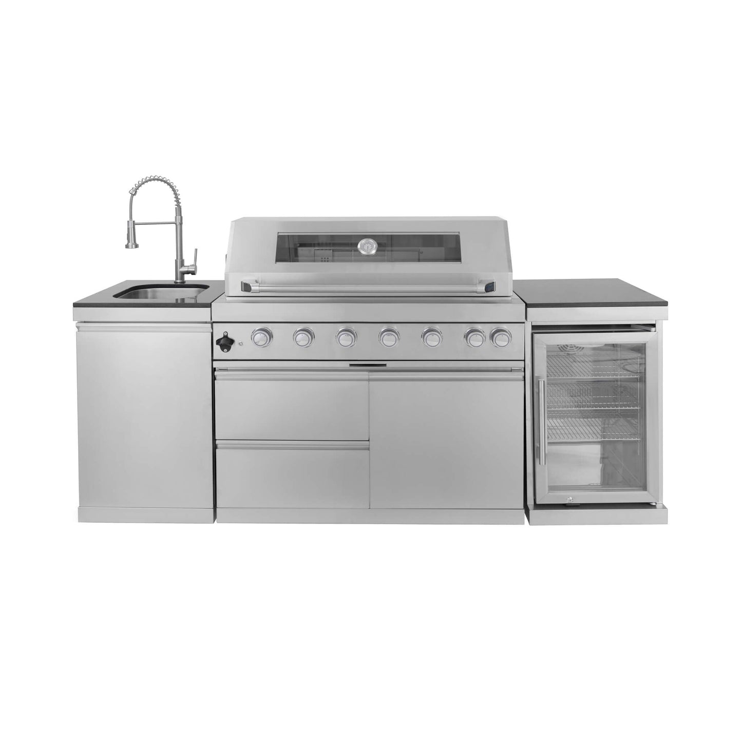Castelle Flame 44-Inch 6-Burner 85K BTU Stainless Steel Outdoor BBQ Kitchen Island Grill with Wine Cooler, Rotisserie Kit, and Storage Cabinets