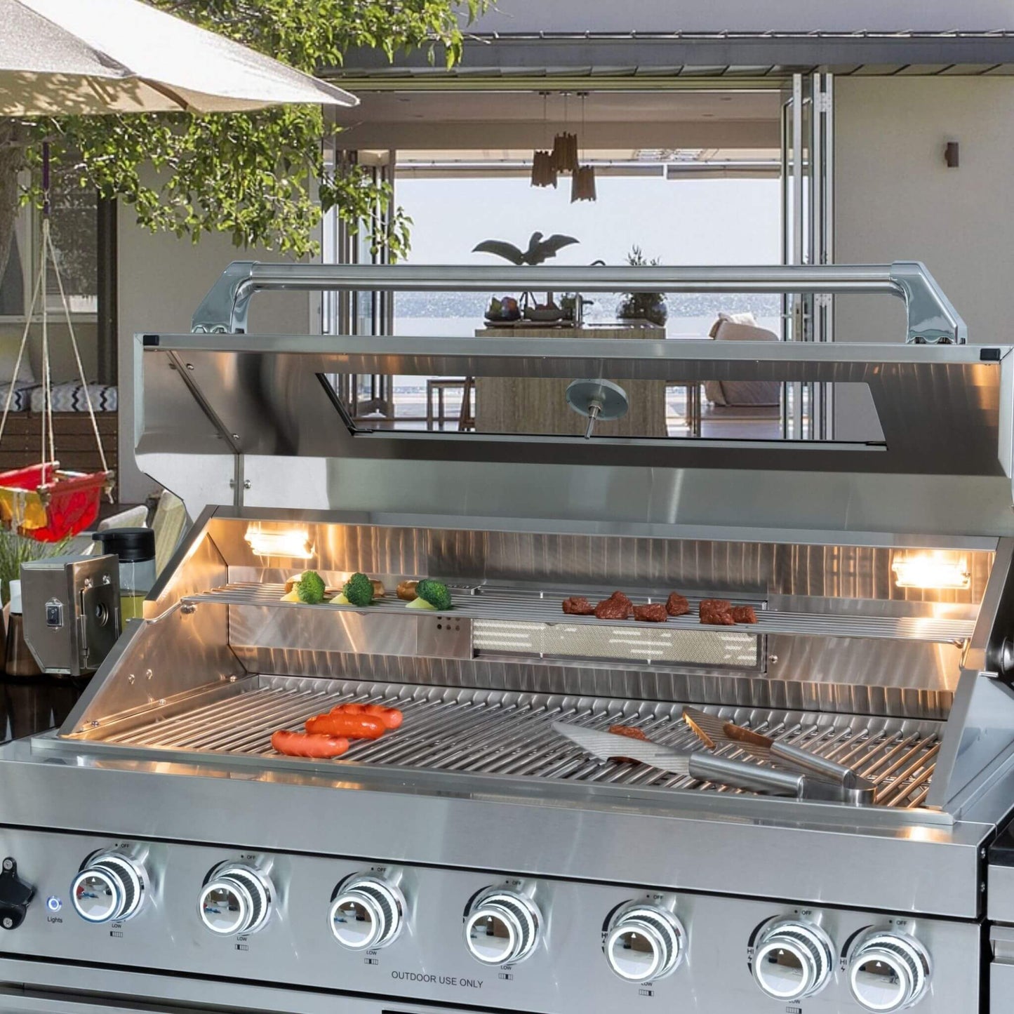 Castelle Flame 44-Inch 6-Burner 85K BTU Stainless Steel Outdoor BBQ Kitchen Island Grill with Wine Cooler, Rotisserie Kit, and Storage Cabinets