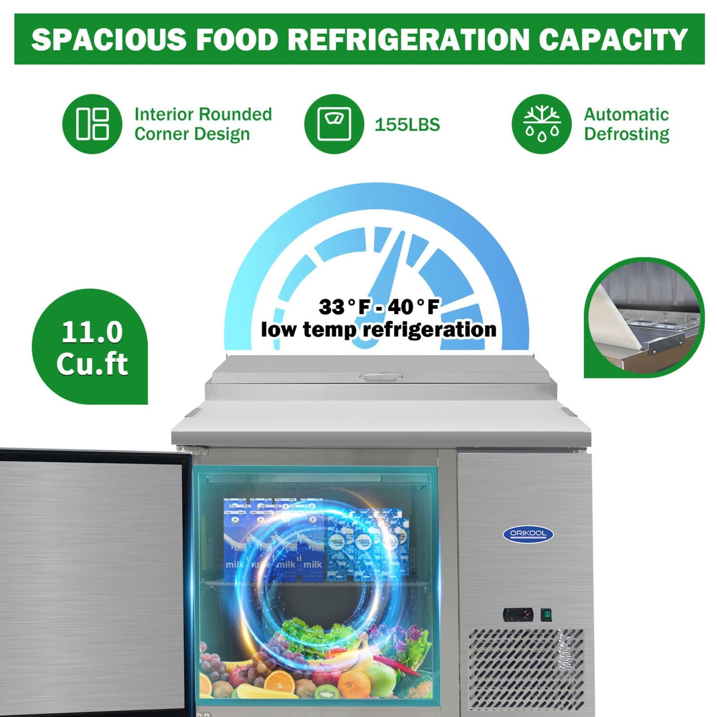 44" Commercial Pizza Prep Table With Built-In 11 Cu.Ft. Refrigerator