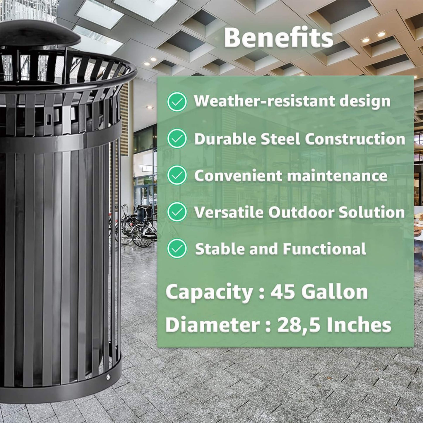 45-Gallon Heavy-Duty Commercial Round Waste Bin with Rain Bonnet Lid