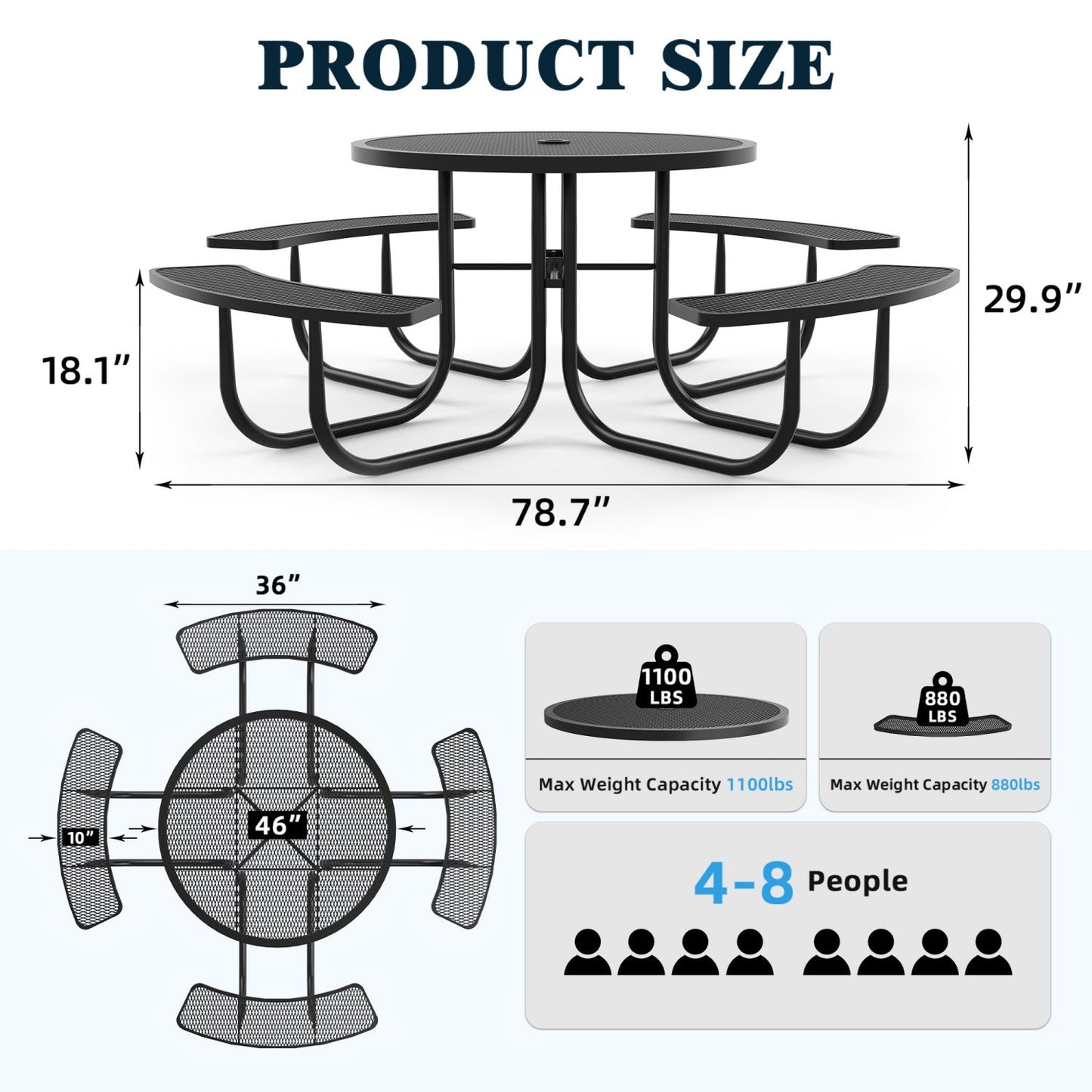46" Round Picnic Table with Umbrella Hole