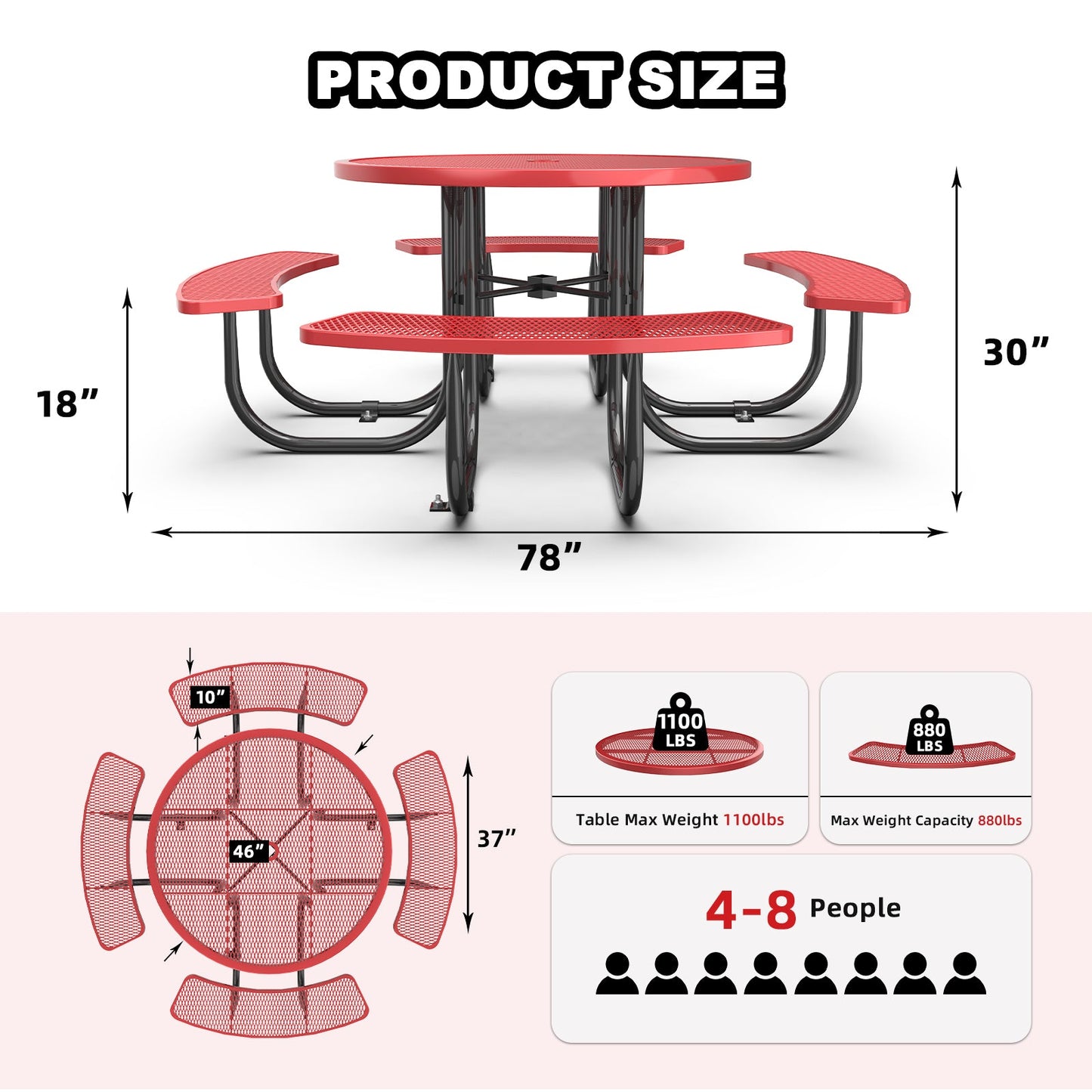 46" Round Picnic Table with Umbrella Hole
