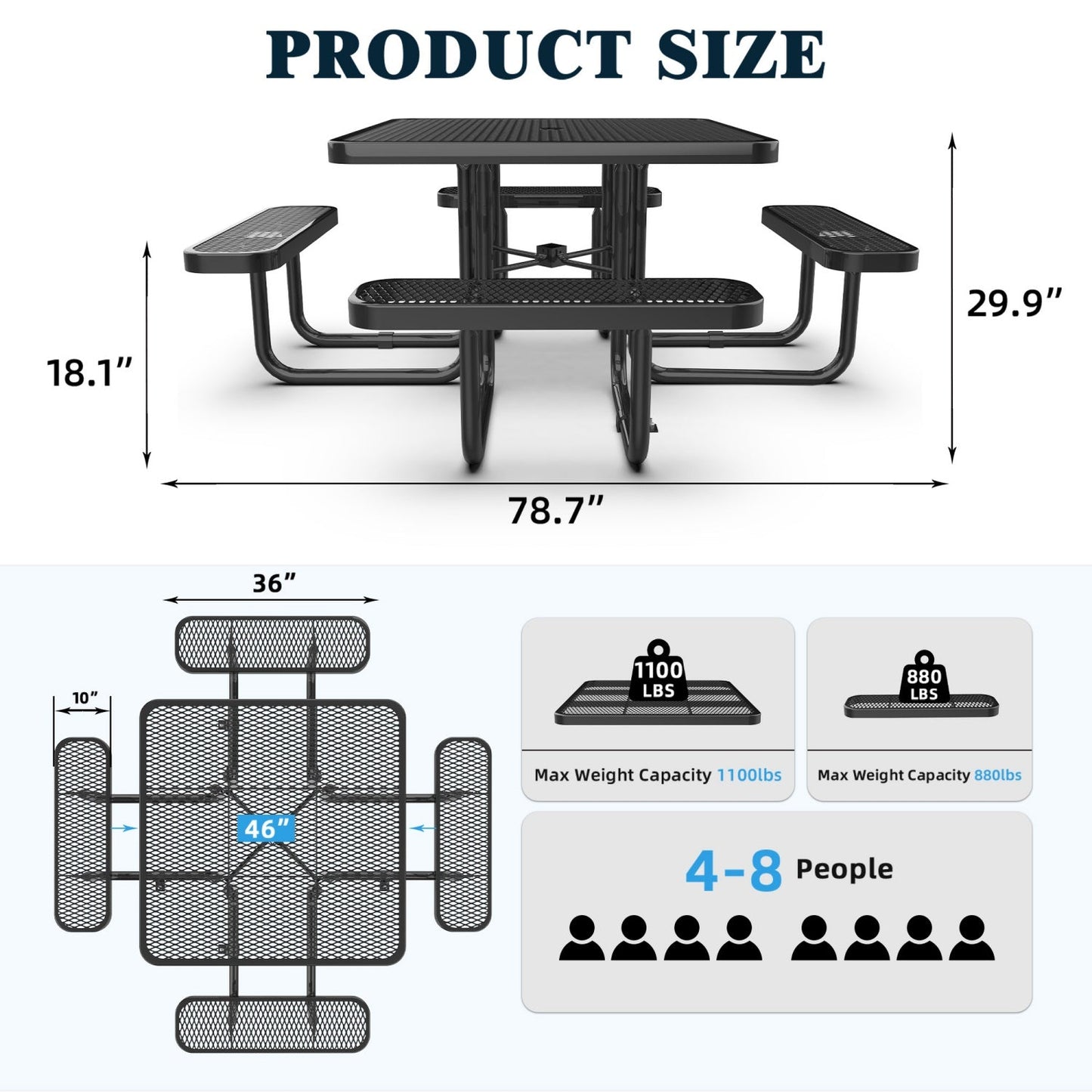 46" Square Picnic Table with Umbrella Hole