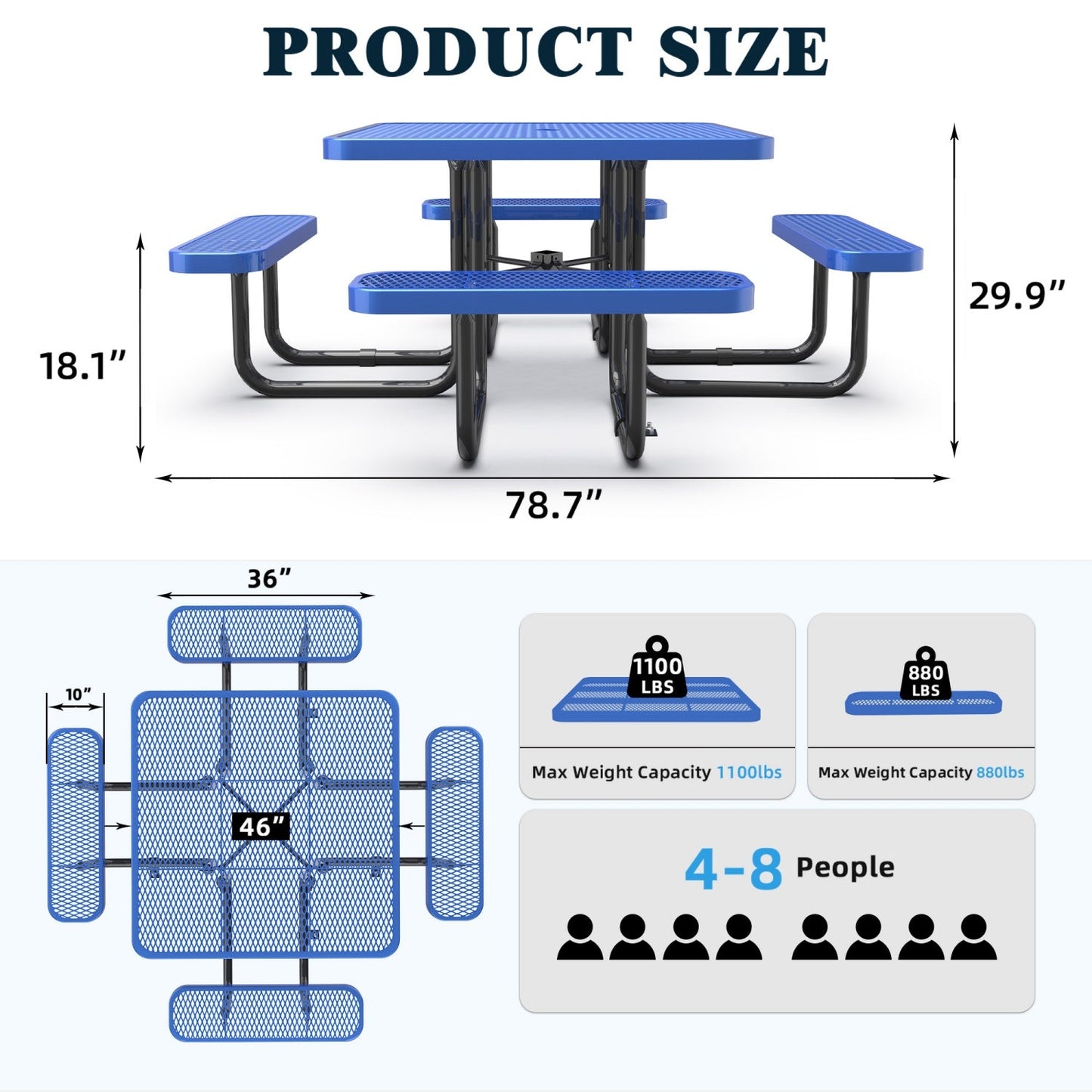 46" Square Picnic Table with Umbrella Hole